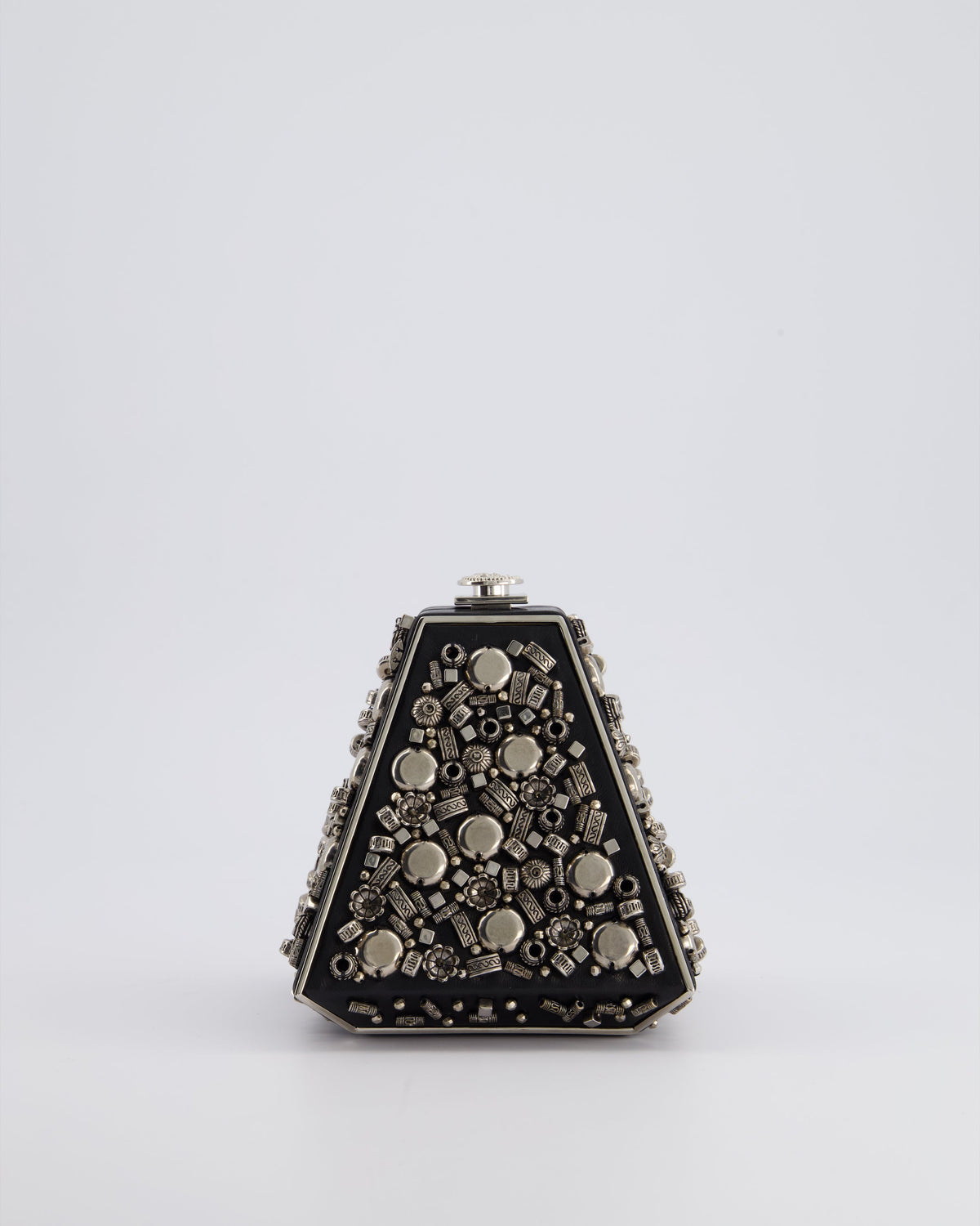 *RARE* Chanel 2012 Pre-Fall Paris-Bombay Collection Black Leather & Silver Hardware Detail Pyramid Evening Bag