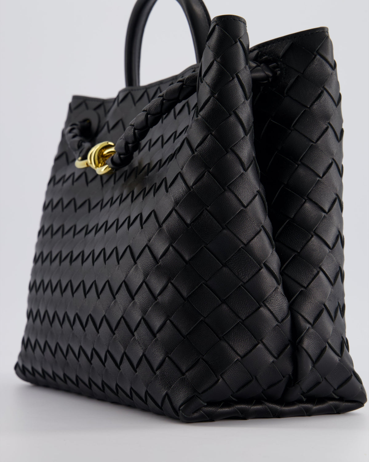 Bottega Veneta Black Andiamo Medium Intrecciato Leather Top Handle Bag with Sliding Cross-Body and Gold Knot Hardware RRP £4,030