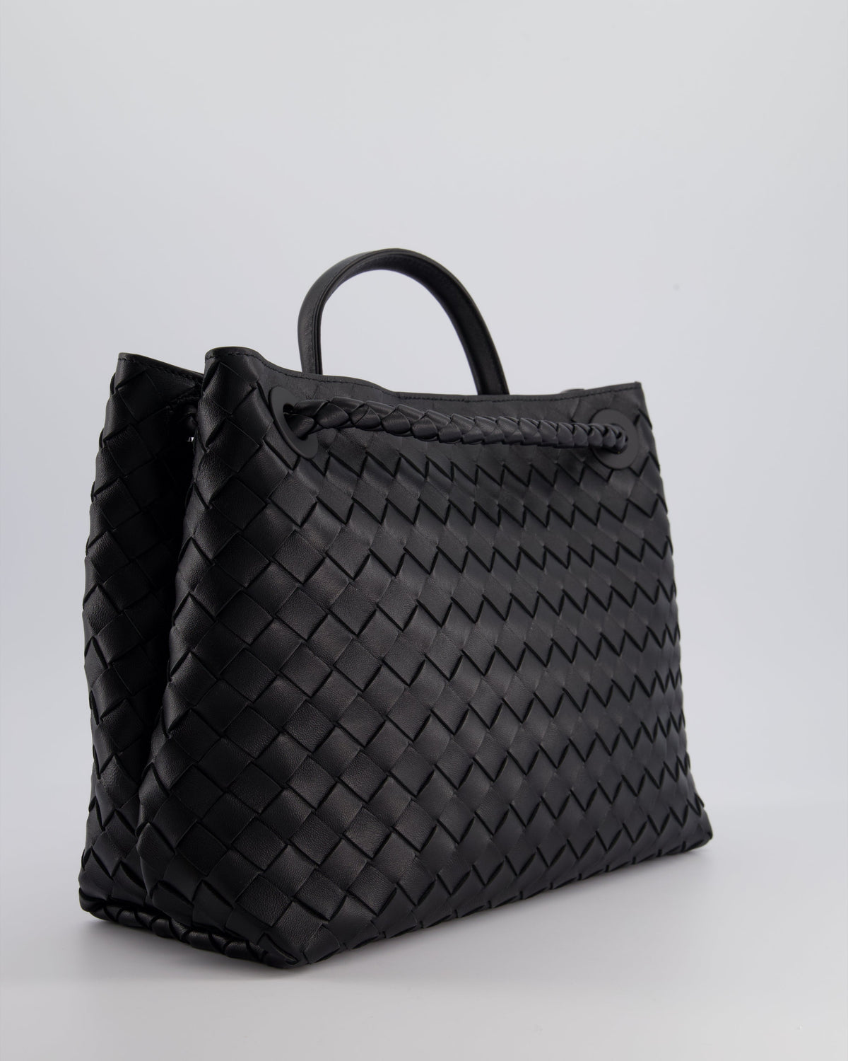 Bottega Veneta Black Andiamo Medium Intrecciato Leather Top Handle Bag with Sliding Cross-Body and Gold Knot Hardware RRP £4,030