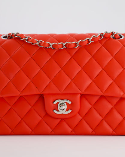 Chanel Scarlet Red Medium Classic Double Flap Bag in Lambskin Leather with Silver Hardware