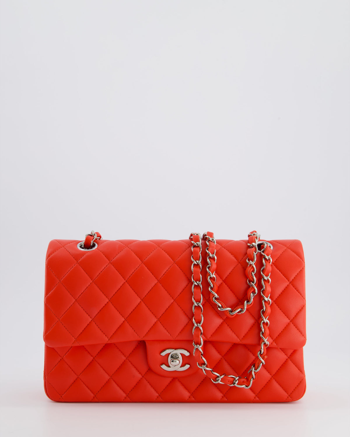 Chanel Scarlet Red Medium Classic Double Flap Bag in Lambskin Leather with Silver Hardware