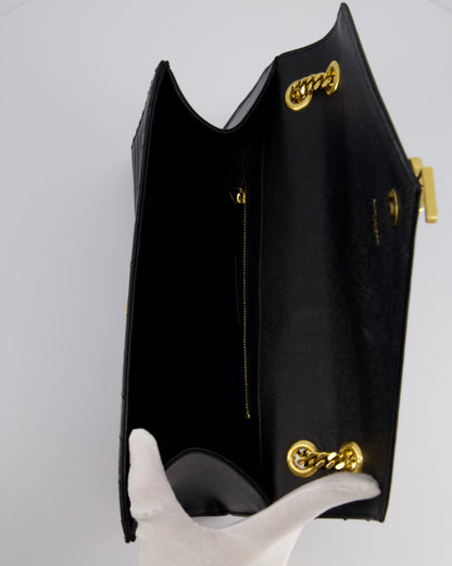 Saint Laurent Black Envelope Shoulder Bag in Grained Calfskin Leather With Gold Hardware