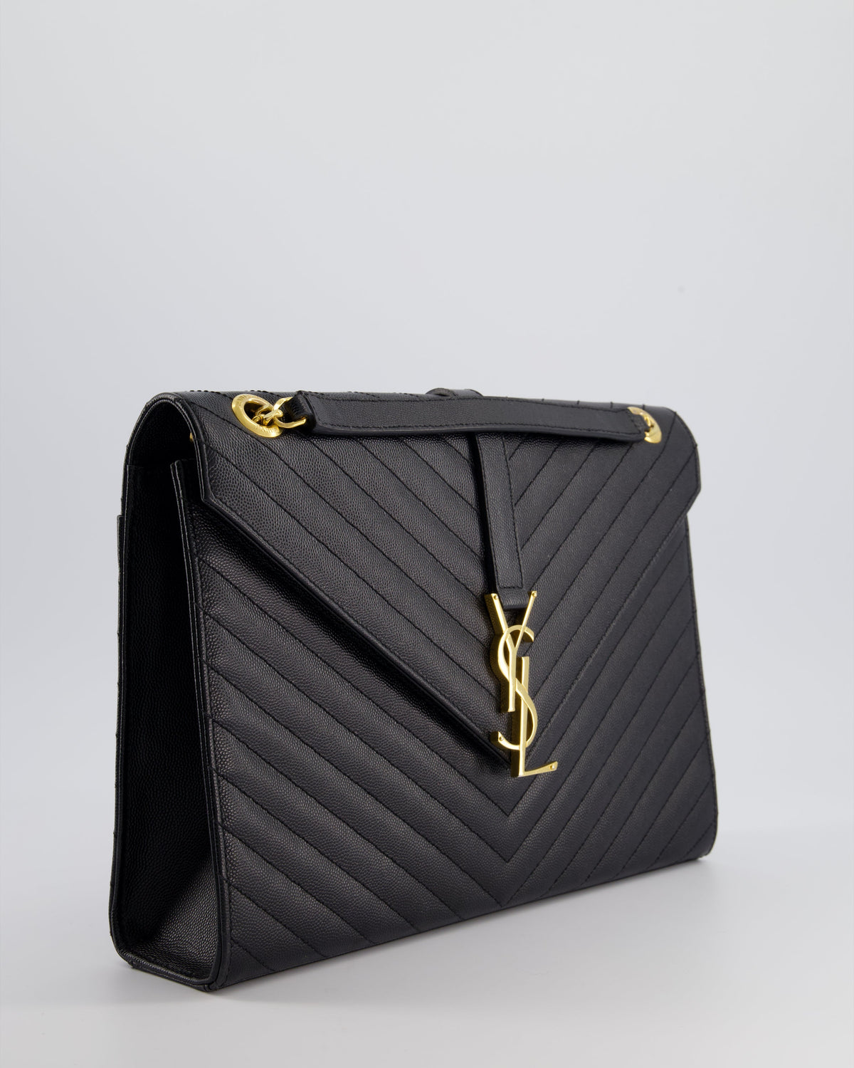 Saint Laurent Black Envelope Shoulder Bag in Grained Calfskin Leather With Gold Hardware