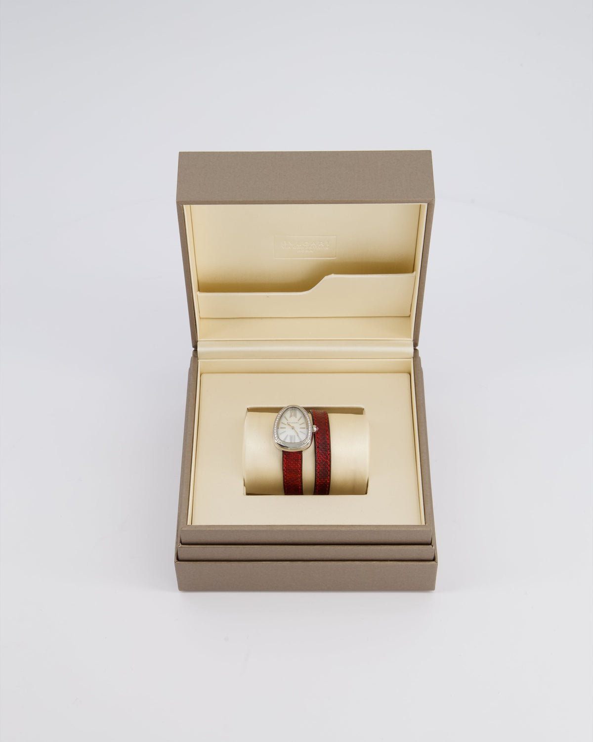 Bvlgari Stainless Steel & Diamond Serpenti Watch 32mm with Red Python Strap