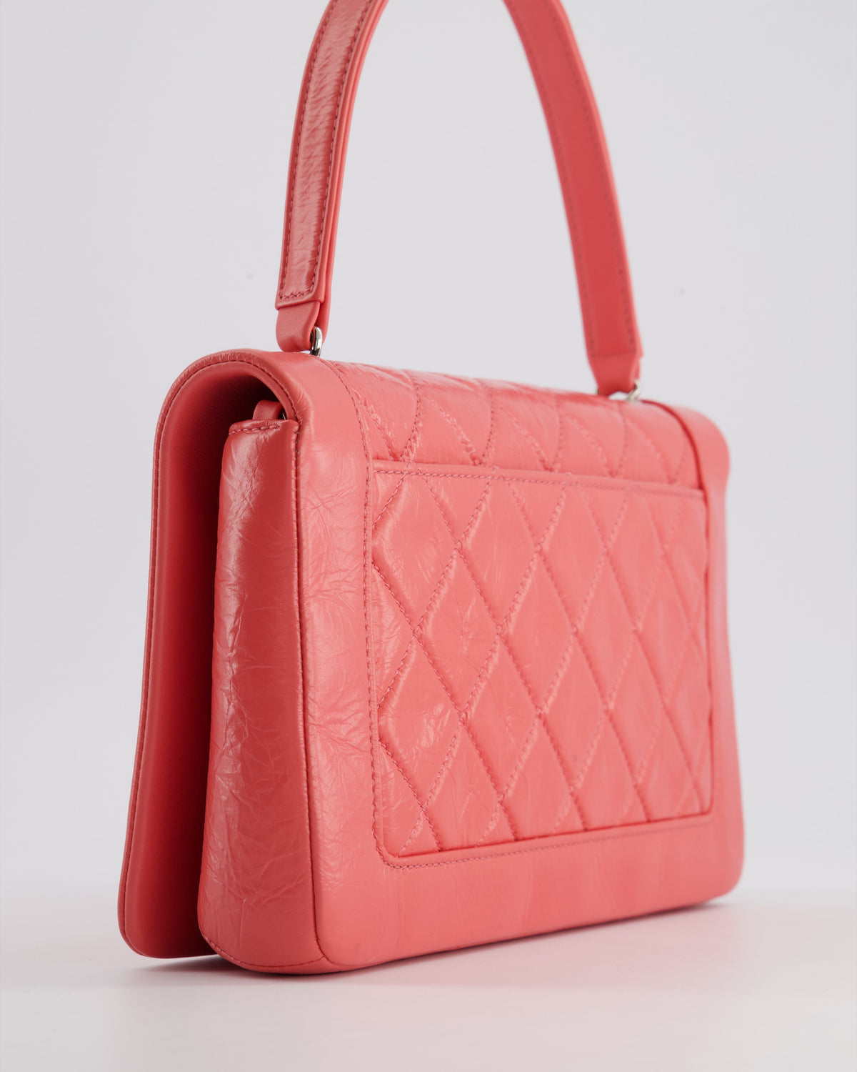 Chanel Pink Patent Crinkled Calfskin Leather Flap Bag with Enamel CC Logo and Silver Hardware