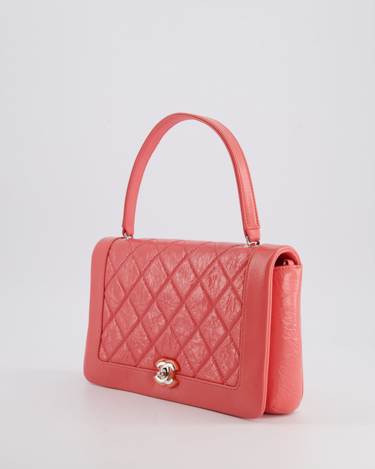 Chanel Pink Patent Crinkled Calfskin Leather Flap Bag with Enamel CC Logo and Silver Hardware