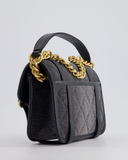 Chanel Grey Mini Denim Flap Bag with Brushed Gold Hardware and Charm Detail