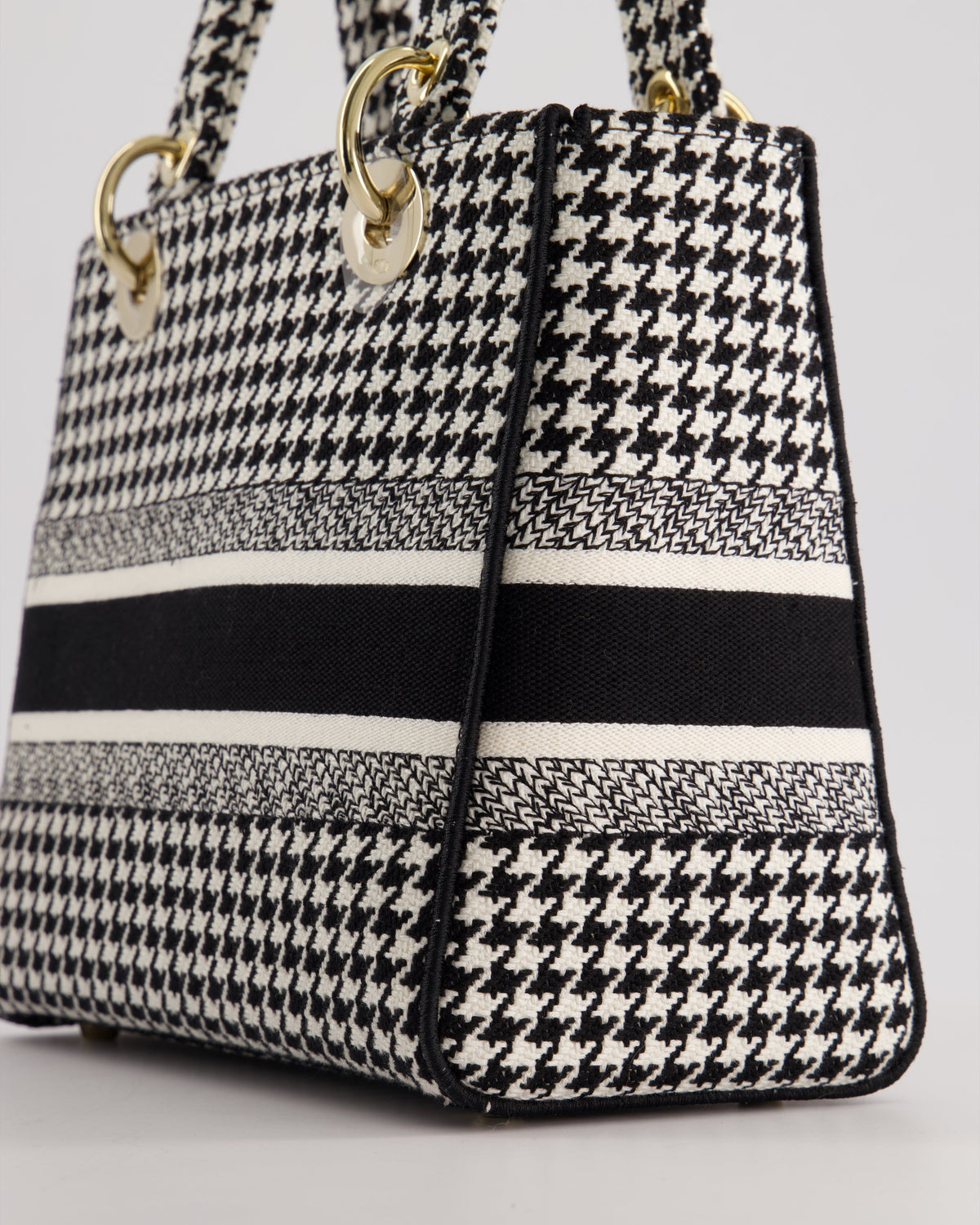 *RARE* Christian Dior Black & White Houndstooth Medium Lady Dior Bag in Canvas with Champagne Gold Hardware
