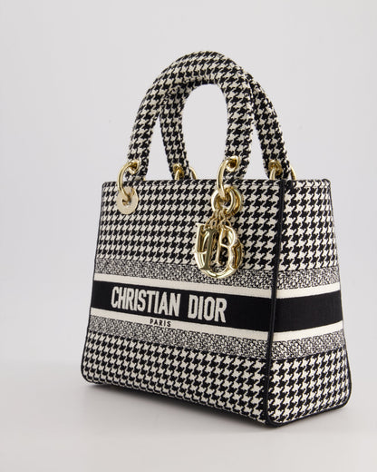 *RARE* Christian Dior Black & White Houndstooth Medium Lady Dior Bag in Canvas with Champagne Gold Hardware