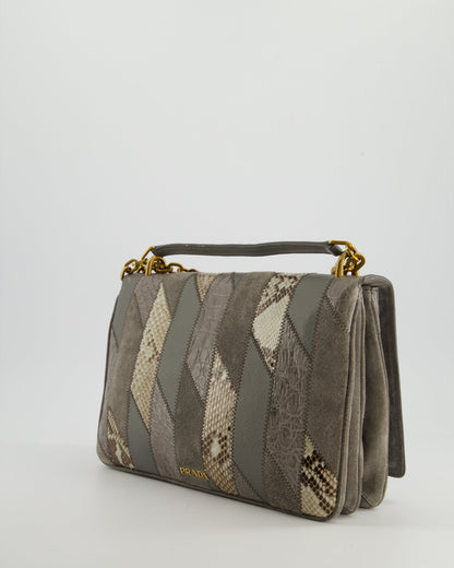 Prada Grey Suede, Python Patchwork Bag with Gold Chain