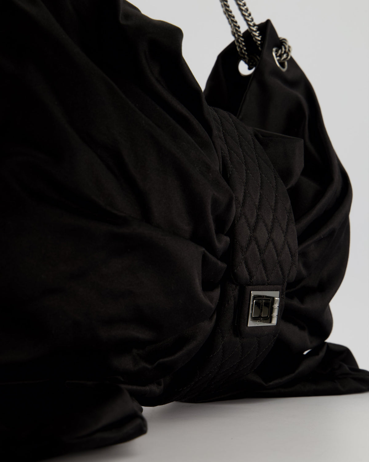 Chanel Black Large Satin Bow Reissue Shoulder Bag with Quilted Flap Detail and Silver Hardware
