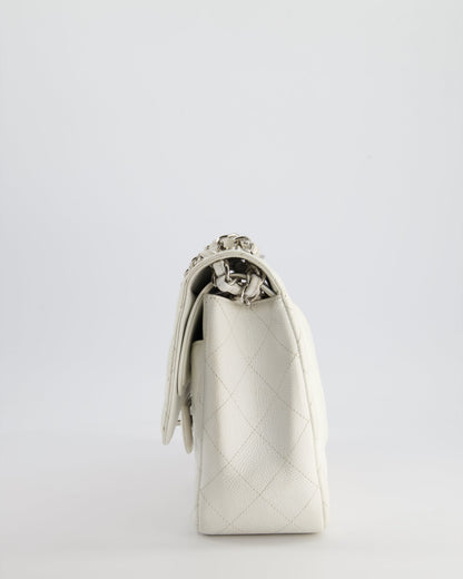Chanel White Jumbo Classic Double Flap Bag in Caviar Leather with Silver Hardware
