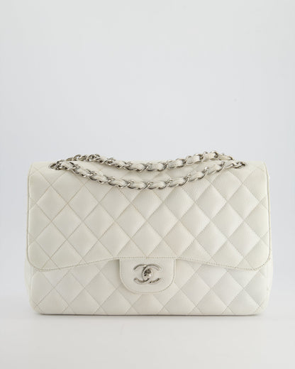 Chanel White Jumbo Classic Double Flap Bag in Caviar Leather with Silver Hardware
