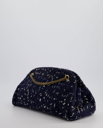 Chanel Navy Blue & White Tweed Mademoiselle Shoulder Bag With Antique Gold Hardware