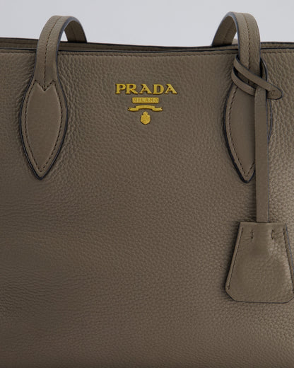 Prada Grey Vitello Phenix Open Tote Bag with Gold Hardware