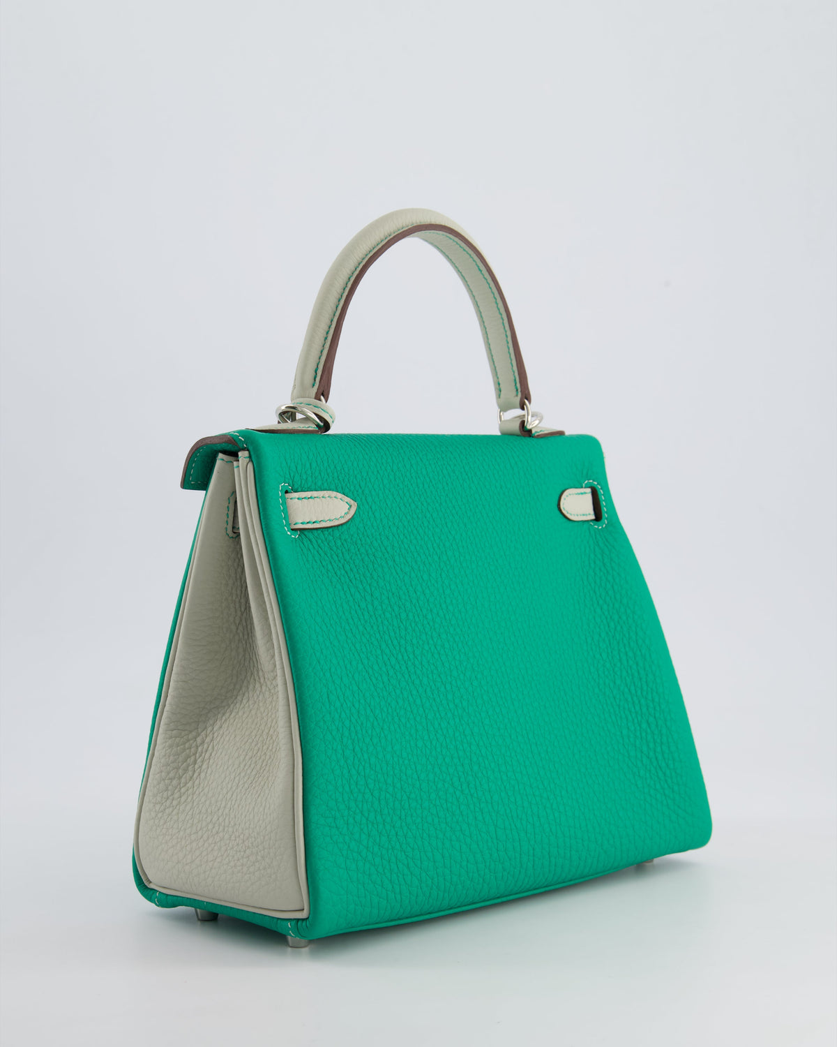 *SUPER RARE* Hermès HSS Kelly Retourne Bi-Colour 25cm Bag in Vert Vertigo & Gris Perle Togo Leather with Palladium Hardware & Contrast Stitching