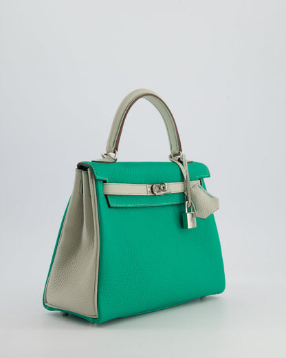 *SUPER RARE* Hermès HSS Kelly Retourne Bi-Colour 25cm Bag in Vert Vertigo & Gris Perle Togo Leather with Palladium Hardware & Contrast Stitching