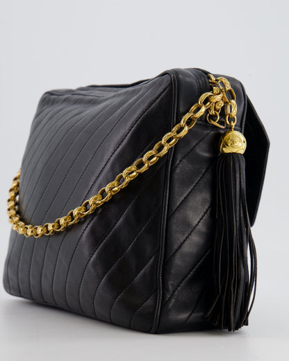 Chanel Vintage Black Large Camera Bag in Lambskin Leather with Front Pocket with 24k Gold Hardware