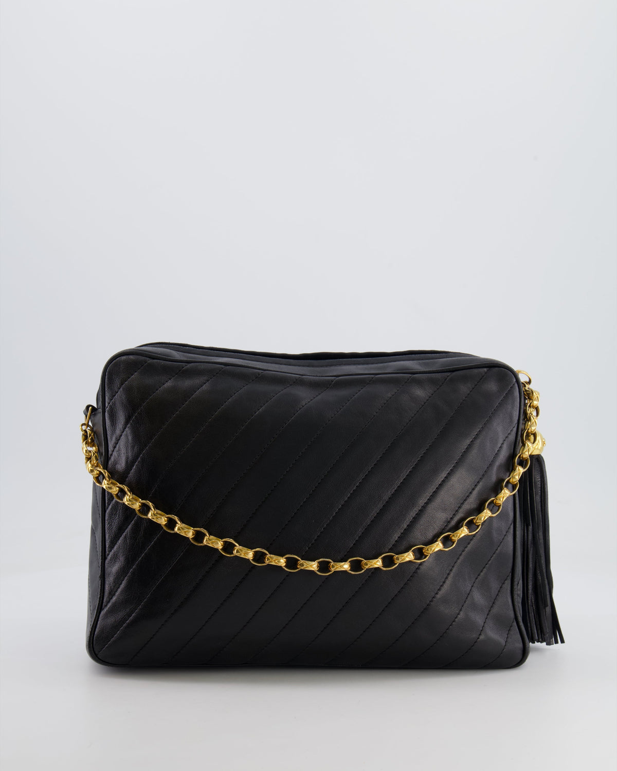 Chanel Vintage Black Large Camera Bag in Lambskin Leather with Front Pocket with 24k Gold Hardware