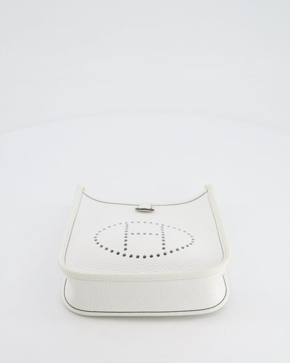 Hermès Mini Evelyne Bag in White Clemence Leather with Gold Hardware and White Canvas Strap