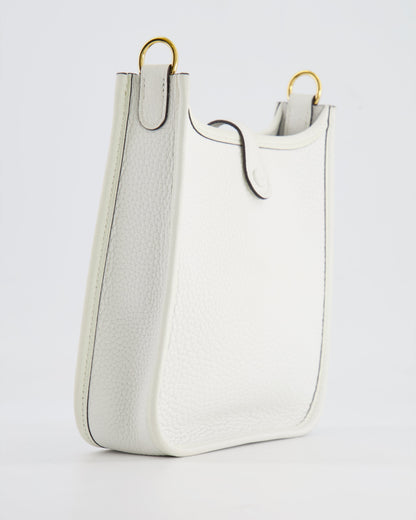 Hermès Mini Evelyne Bag in White Clemence Leather with Gold Hardware and White Canvas Strap