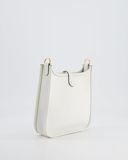 Hermès Mini Evelyne Bag in White Clemence Leather with Gold Hardware and White Canvas Strap