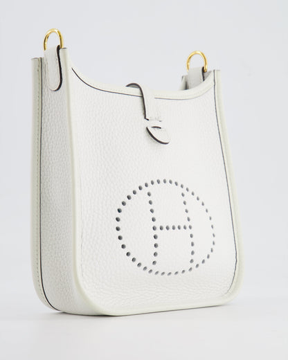 Hermès Mini Evelyne Bag in White Clemence Leather with Gold Hardware and White Canvas Strap