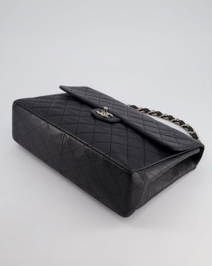 Chanel Black Vintage Quilted Caviar Square Jumbo Classic Single Flap Bag with Silver Hardware