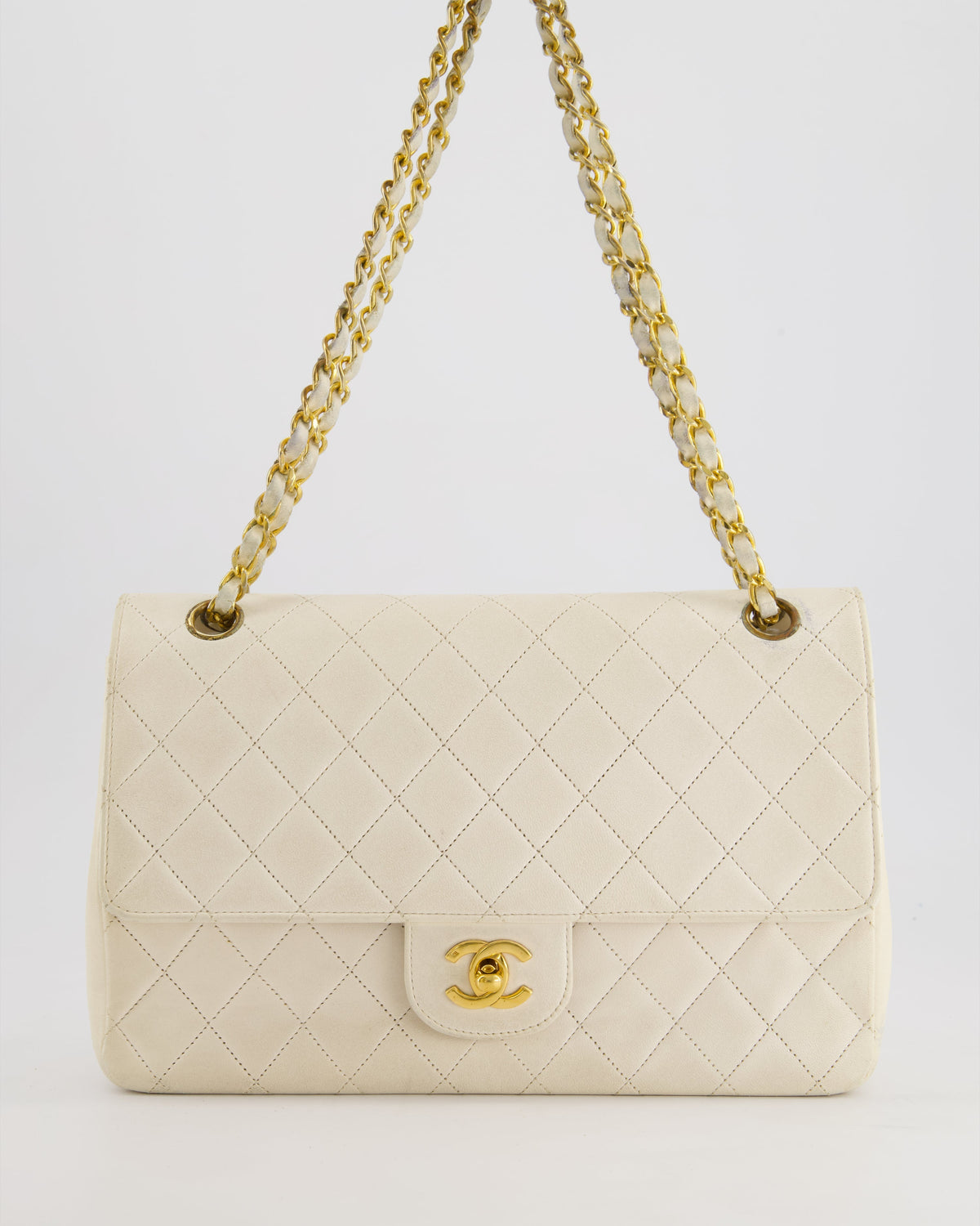 Chanel Vintage White Medium Classic Double Flap Bag in Lambskin Leather with 24K Gold Hardware
