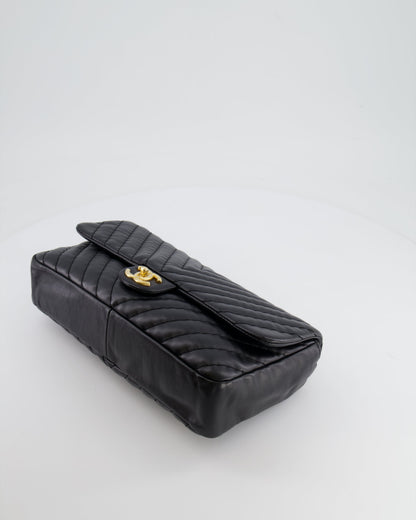 Chanel Black Large Single Flap Bag in Chevron Lambskin Leather with Gold Hardware and CC Medallion Detail