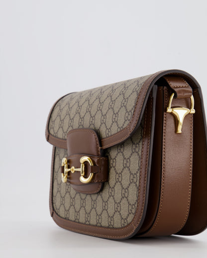 Gucci Horsebit 1955 Medium Shoulder Bag in Beige/Dark Brown GG Supreme Monogram Canvas & Brown Leather Trim with Gold Hardware RRP £2,400