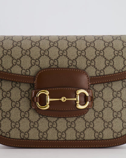 Gucci Horsebit 1955 Medium Shoulder Bag in Beige/Dark Brown GG Supreme Monogram Canvas &amp; Brown Leather Trim with Gold Hardware RRP £2,400