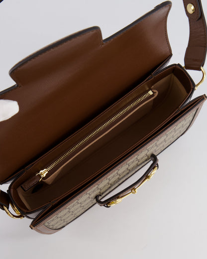Gucci Horsebit 1955 Medium Shoulder Bag in Beige/Dark Brown GG Supreme Monogram Canvas & Brown Leather Trim with Gold Hardware RRP £2,400