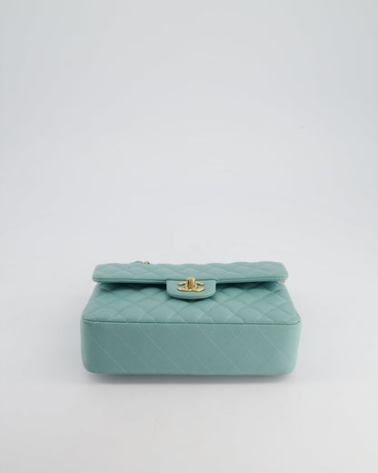 *HOT* Chanel Celeste Blue Small Classic Double Flap Bag in Caviar Leather with Champagne Gold Hardware