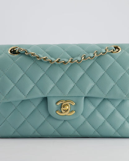 *HOT* Chanel Celeste Blue Small Classic Double Flap Bag in Caviar Leather with Champagne Gold Hardware