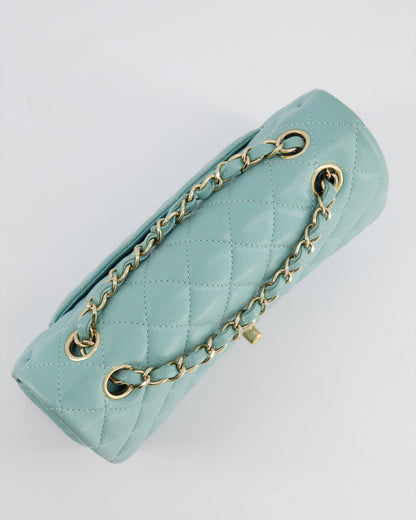 *HOT* Chanel Celeste Blue Small Classic Double Flap Bag in Caviar Leather with Champagne Gold Hardware
