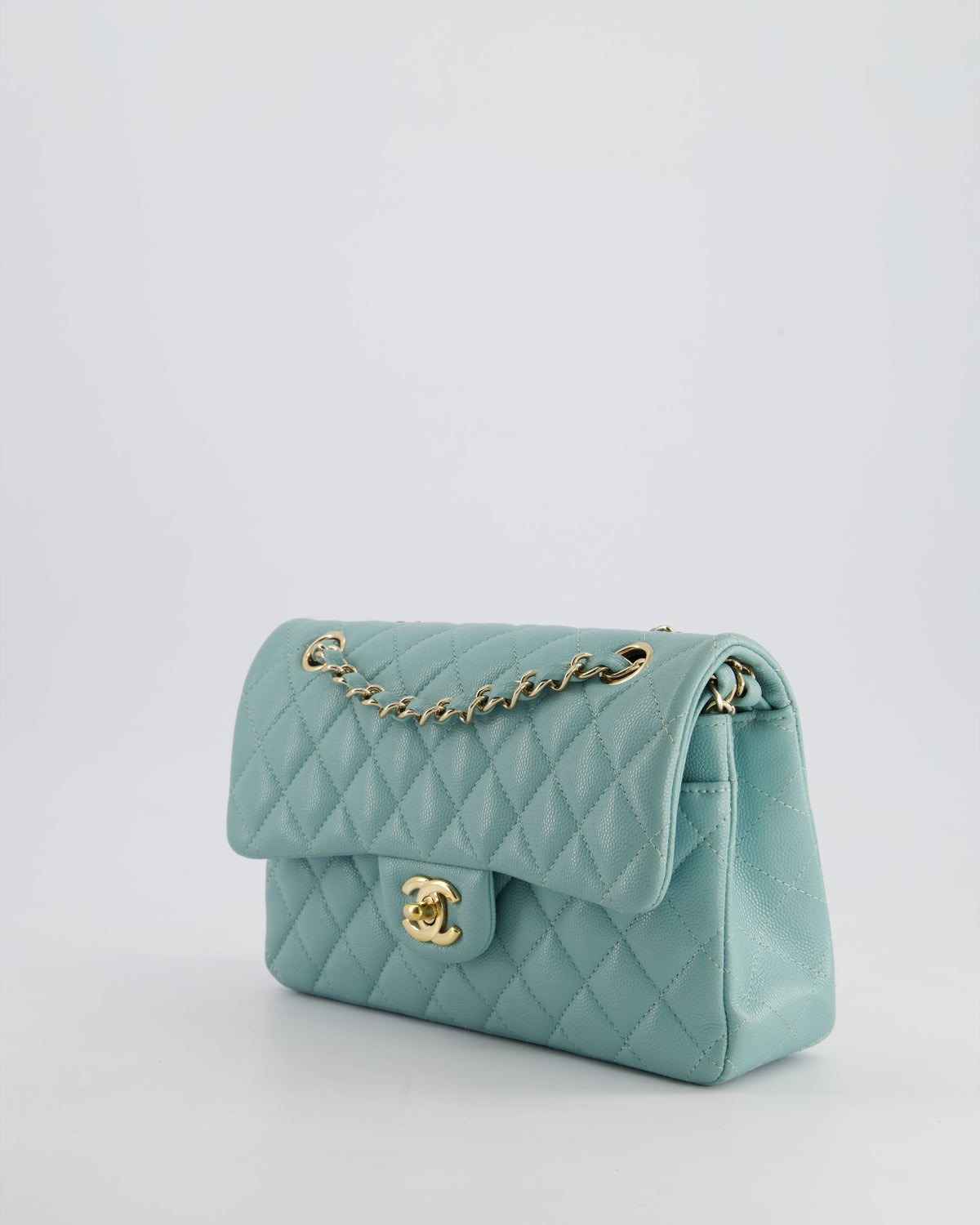 *HOT* Chanel Celeste Blue Small Classic Double Flap Bag in Caviar Leather with Champagne Gold Hardware