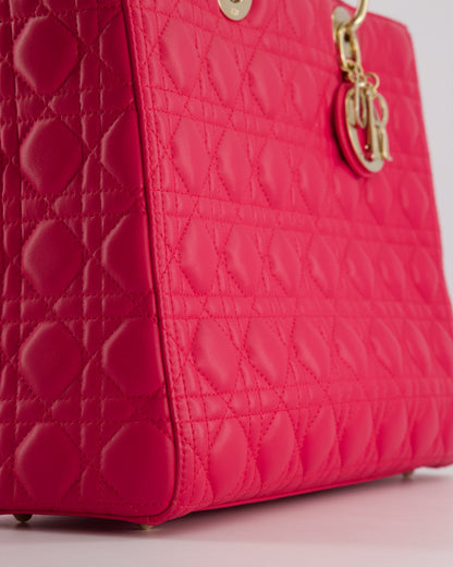 Christian Dior Large Lady Dior Bag in Hot Pink Lambskin Leather with Gold Hardware