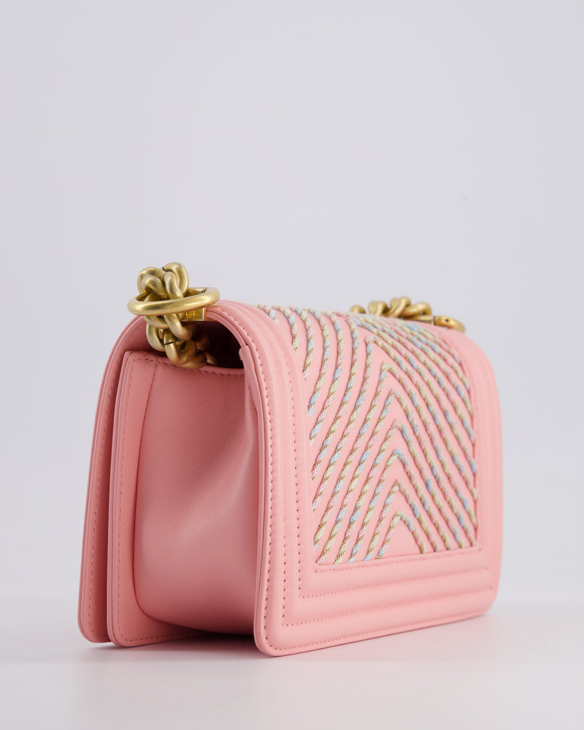 Chanel Pink Small Boy Bag in Lambskin Leather with Pastel Chevron Detail and Brushed Gold Hardware