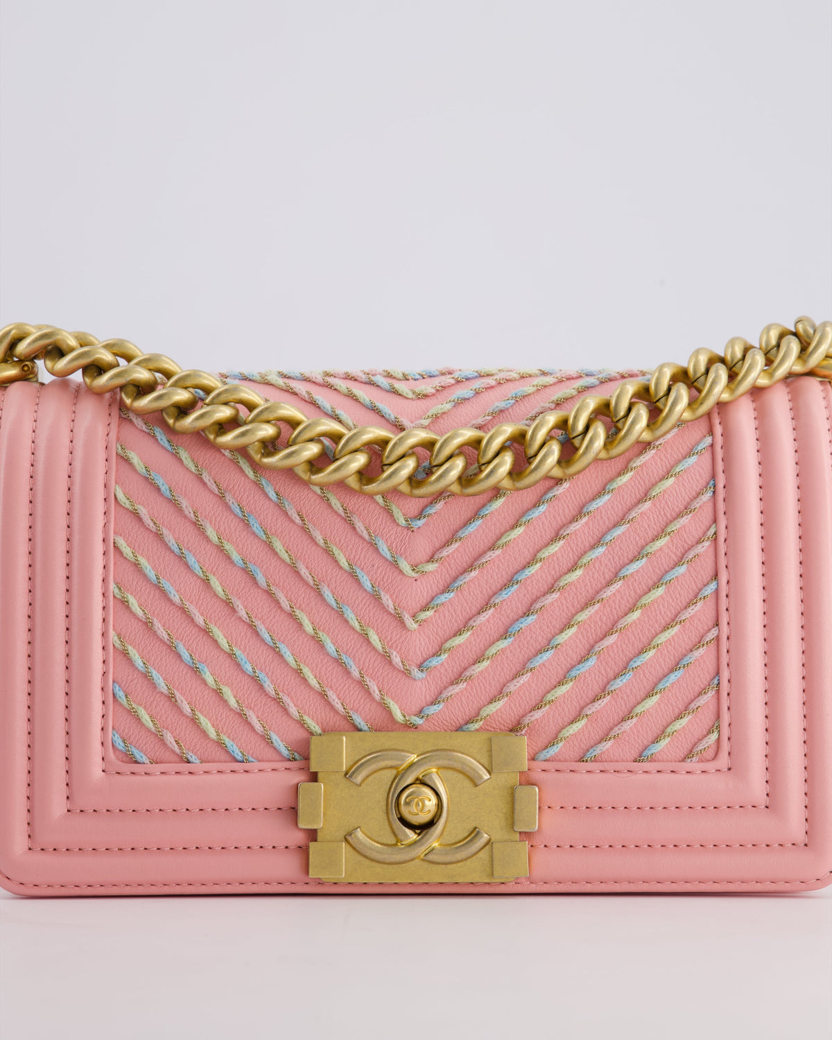 Chanel Pink Small Boy Bag in Lambskin Leather with Pastel Chevron Detail and Brushed Gold Hardware