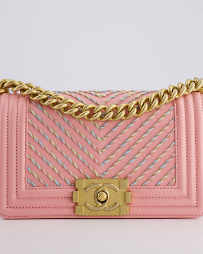 Chanel Pink Small Boy Bag in Lambskin Leather with Pastel Chevron Detail and Brushed Gold Hardware