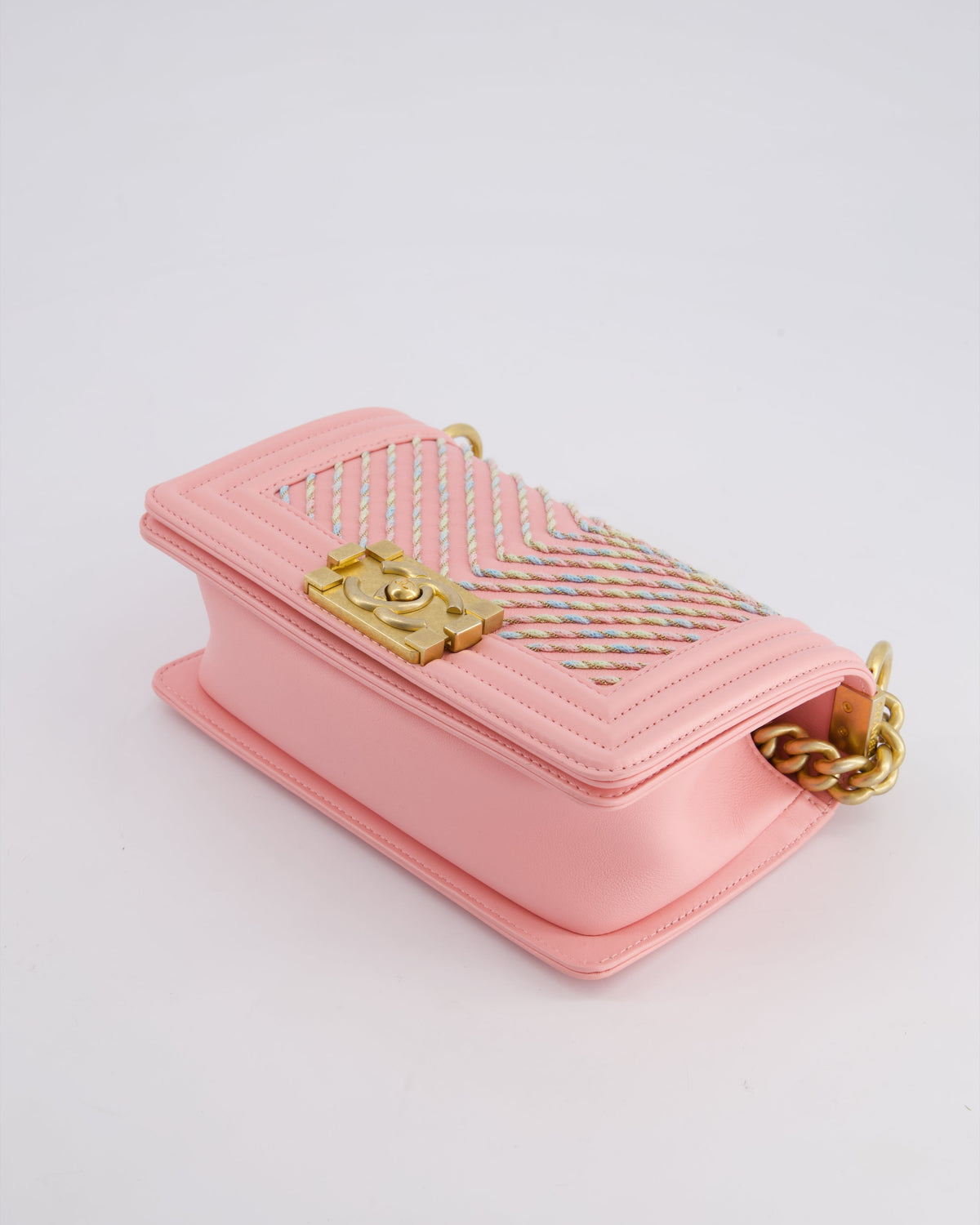 Chanel Pink Small Boy Bag in Lambskin Leather with Pastel Chevron Detail and Brushed Gold Hardware