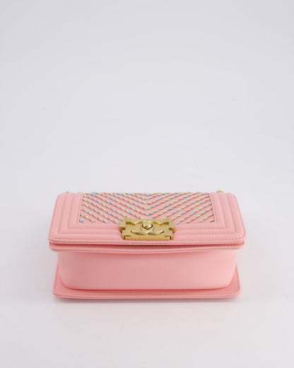 Chanel Pink Small Boy Bag in Lambskin Leather with Pastel Chevron Detail and Brushed Gold Hardware