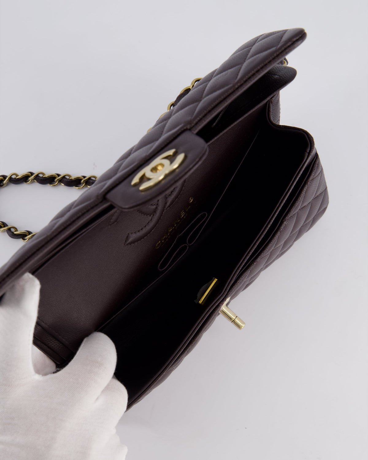 *RARE COLOUR* Chanel Dark Burgundy Small Classic Double Flap Bag in Caviar Leather with Champagne Gold Hardware
