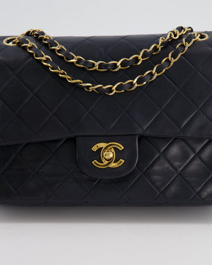 Chanel Vintage Navy Medium Classic Double Flap Bag in Lambskin Leather with 24K Gold Hardware