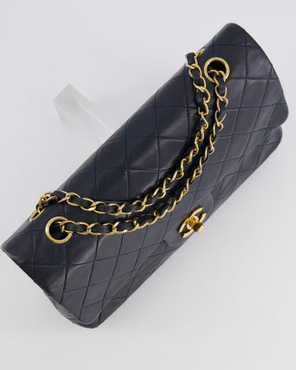 Chanel Vintage Navy Medium Classic Double Flap Bag in Lambskin Leather with 24K Gold Hardware