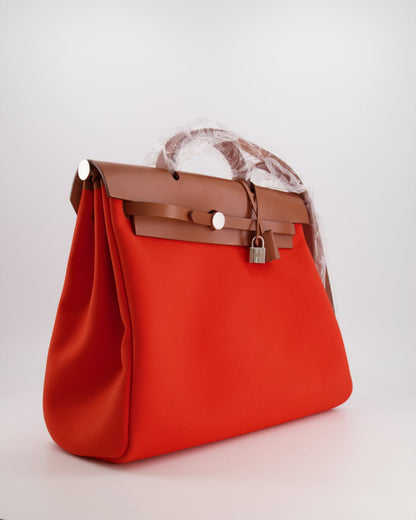 Hermès Herbag 39 in Orange Mecano Toile Canvas and Fauve Vache Hunter Leather with Palladium Hardware