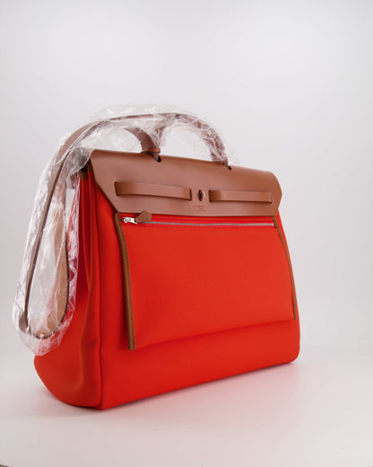Hermès Herbag 39 in Orange Mecano Toile Canvas and Fauve Vache Hunter Leather with Palladium Hardware