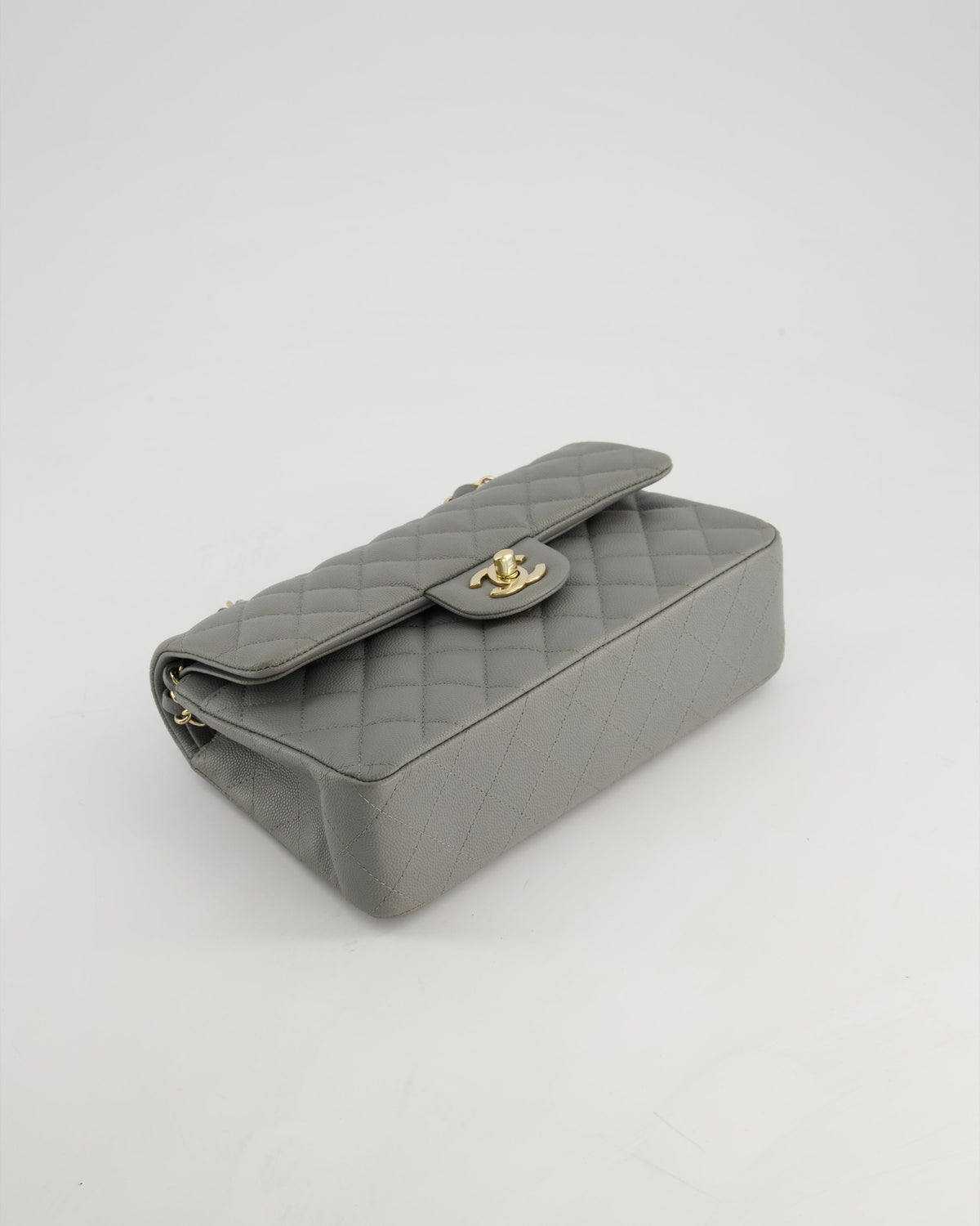 *HOT & RARE* Chanel Stone Grey Small Classic Double Flap Bag in Caviar Leather with Champagne Gold Hardware
