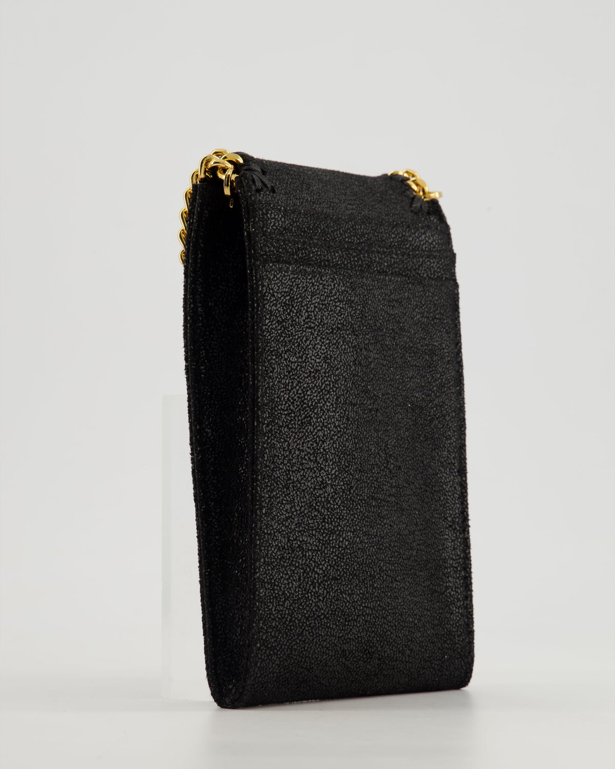 Stella McCartney Black Vegan Leather Falabella Cross-Body Phone Pouch with Gold Chain Detail